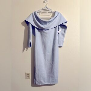 m•Akira•Off-Shoulder Midi Bodycon Evening Gown•Baby Blue•Zip Close•Mid-Sleeves